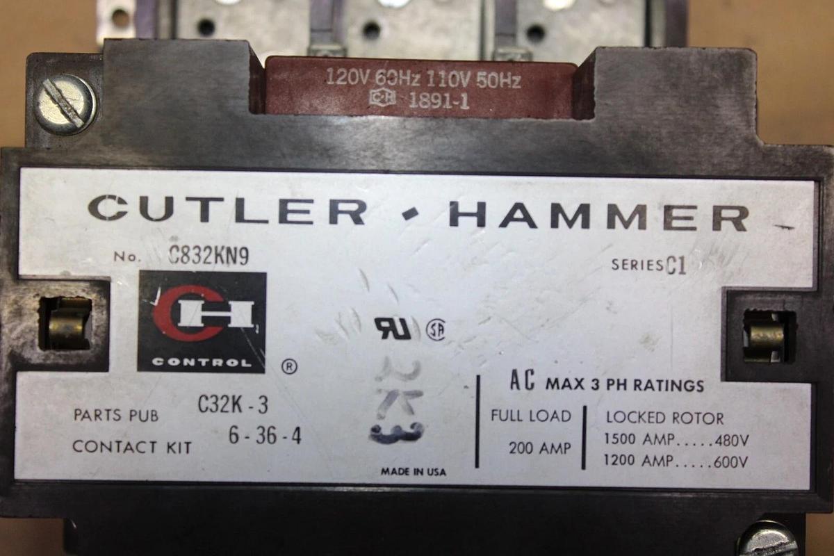 Used CUTLER HAMMER CONTACTOR C832KN9 200 AMP 3-PHASE 3-POLE COIL: 120 VAC *WARRANTY*