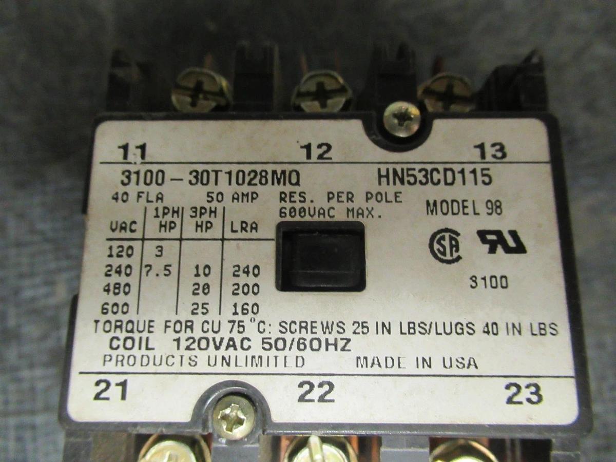 Used PRODUCTS UNLIMITED CONTACTOR 3100-30T1028MQ HN53CD115 600V 15A/RES 50/60HZ