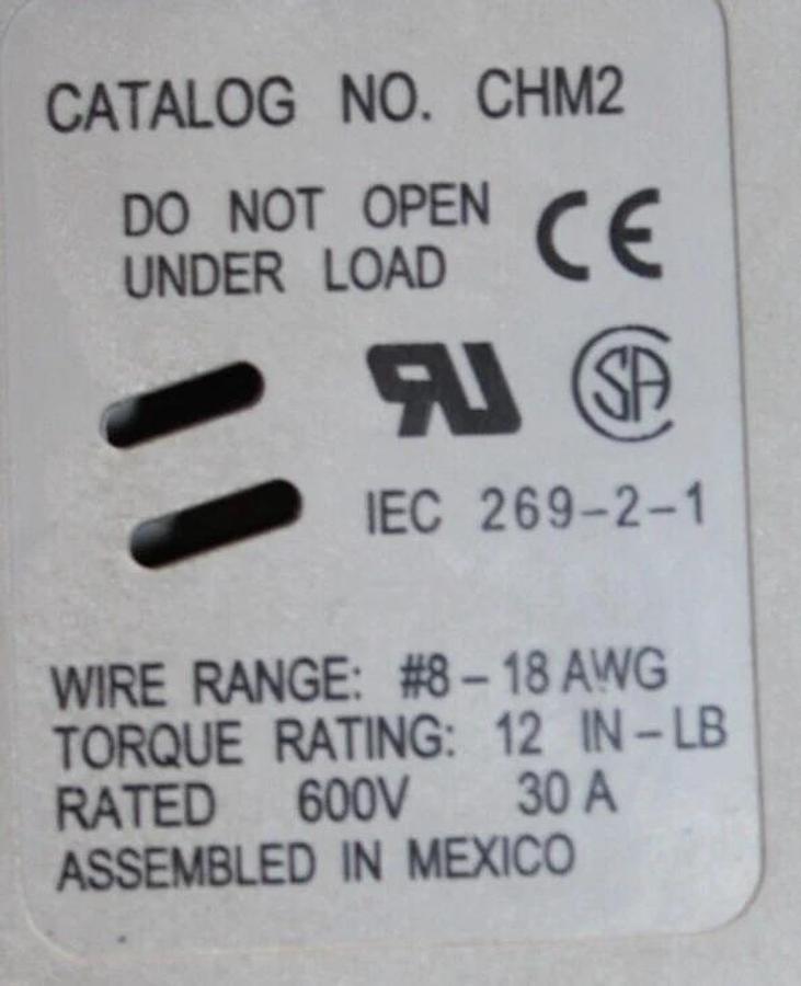 Used BUSS FUSE HOLDER CHM2 600 VOLT 30 AMP 2-POLE **WARRANTY INCLUDED**