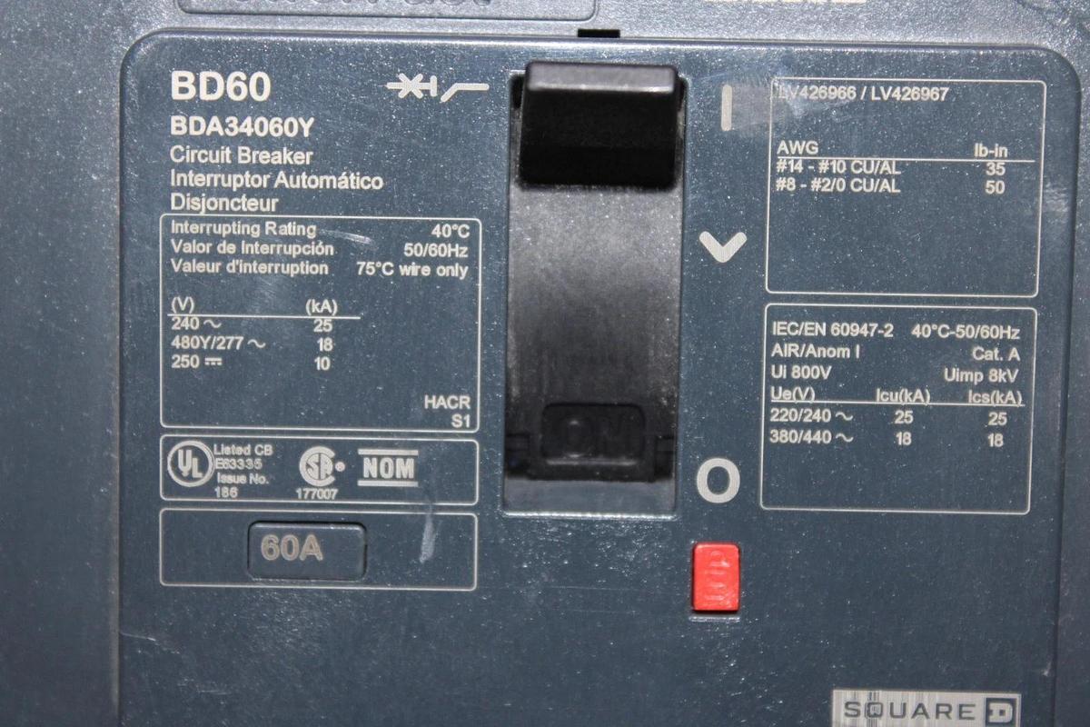 Used SQUARE D POWERPACT I-LINE CIRCUIT BREAKER BDA34060Y 60 AMP 3-POLE 480/277 VAC