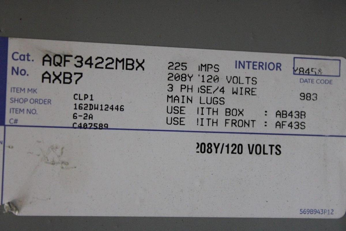 Used GENERAL ELECTRIC SERVICE PANELBOARD AB43B 225 AMP 208Y/120V 3-PHASE NEMA 1