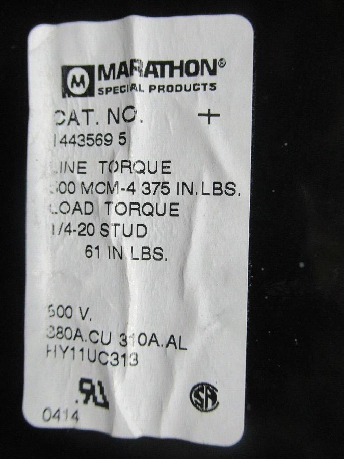Used MARATHON DISTRIBUTION BLOCK 4443569-5 600 VAC 380 AMP **WARRANTY INCLUDED**