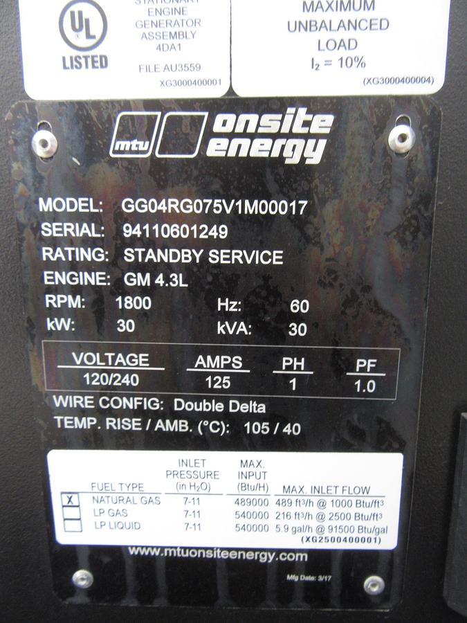 Used 30 KW GENERATOR MTU 4.3 NAT. GAS LP PROPANE 120/240 VOLT 1PH 207 HRS 40KW 2017