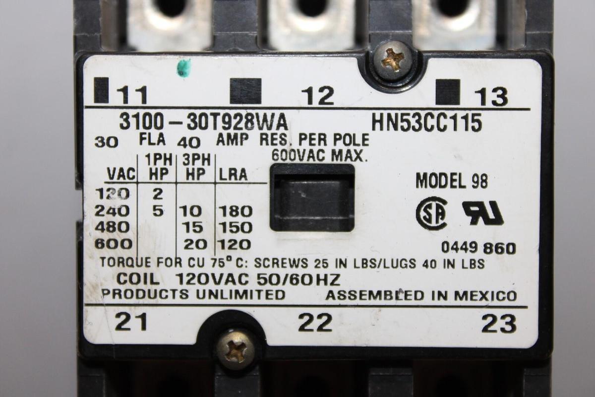 Used PRODUCTS UNLIMITED CONTACTOR 30A 600V 20HP 120V COIL 3100-30T928WA HN53CC115