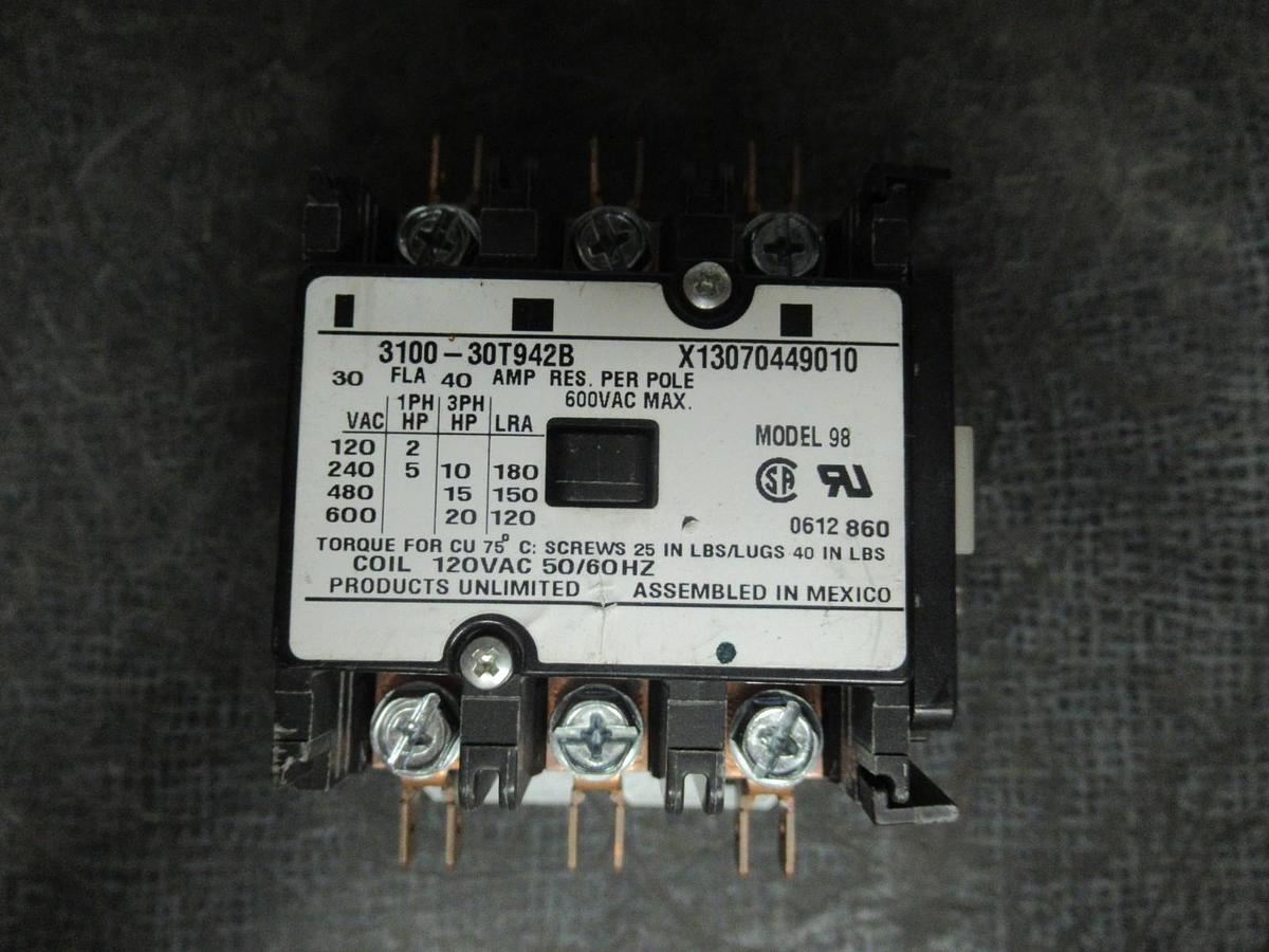 Used PRODUCTS UNLIMITED CONTACTOR 3100-30T942B 30 AMP 600V 40A/RES 20HP X13070449010