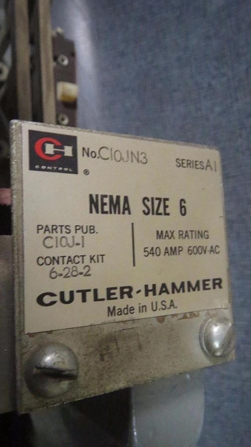 Used CUTLER HAMMER NEMA SIZE 6 CONTACTOR C10JN3 540 AMP 600V W/ 480V COIL