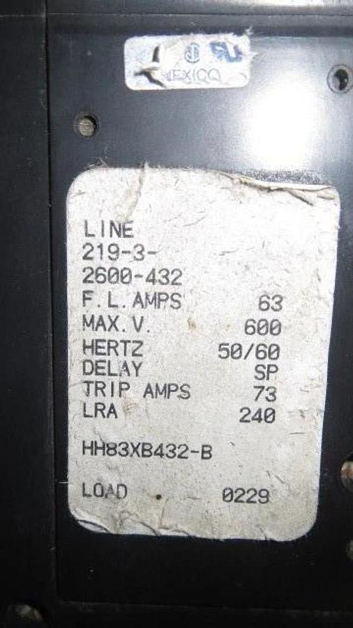Used AIRPAX BREAKER 63 AMPS 600 VAC 3 POLE 240 LRA 219-3-2600-432 HH83XB432-B