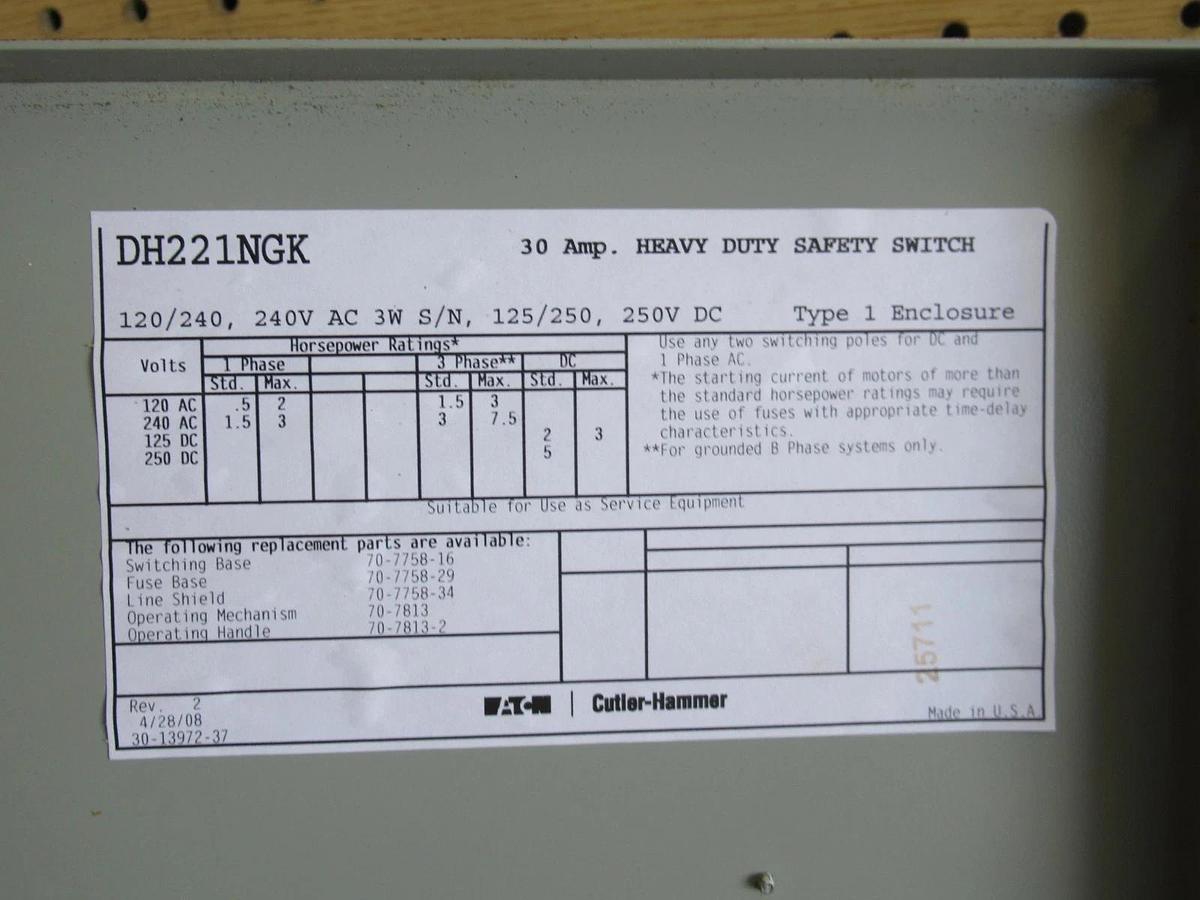 Used CUTLER HAMMER DISCONNECT DH221NGK 30A 240VAC 250VDC 2-POLE **WARRANTY INCLUDED**