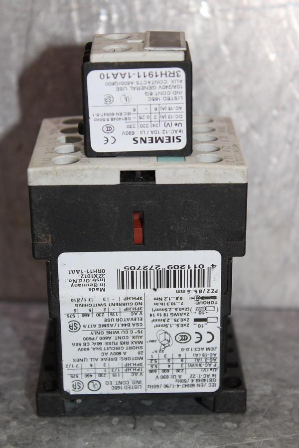 Used SIEMENS SIRIUS CONTACTOR 3RT1016-1BB41 600 VAC 20 AMP 7.5 HP W/ 3RH1911-1AA10