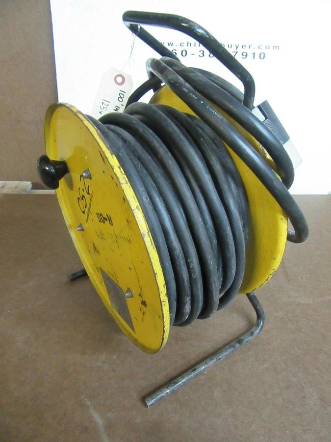 Used 100' 14/3 AERO-MOTIVE HW 34 ELECTRICAL POWER CORD WIRE REEL 15 AMP 120 VAC 1 PH