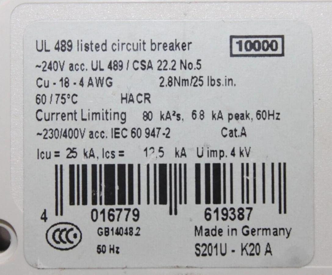 Used ABB CIRCUIT BREAKER S201U-K20A 240 VAC 1-POLE **WARRANTY INCLUDED**