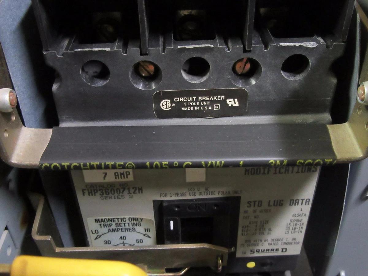 Used SQUARE D MODEL 5 MCC 12" FEEDER BUCKET W/ 7 AMP FHP3600712M FAL3600712M BREAKER