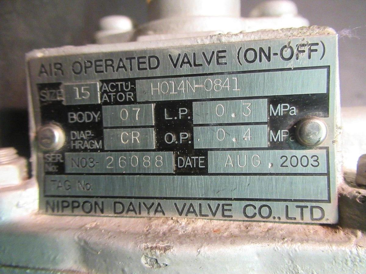 Used NIPPON DAYA AIR OPERATED STEEL VALVE H014N-0841 DIAMETER: 15 MM CR DIAPHRAM