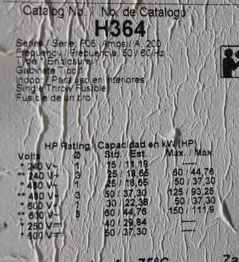 Used SQUARE D HEAVY DUTY DISCONNECT SWITCH H364N 200 AMP 600 VAC TYPE 1