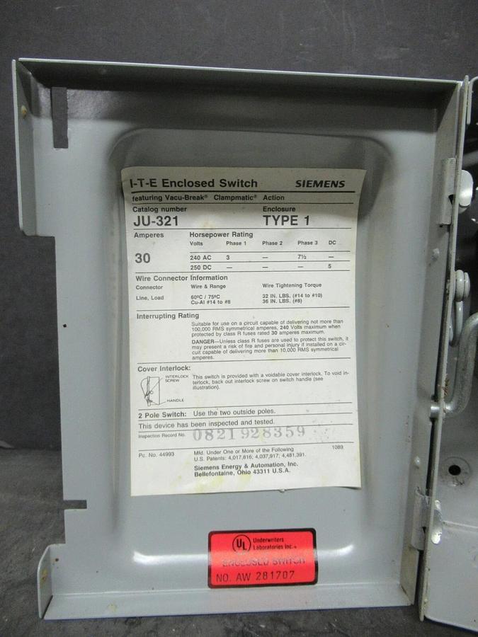 Used SIEMENS ITE 30 AMP 240 VAC HEAVY DUTY DISCONNECT SAFETY SWITCH JU321