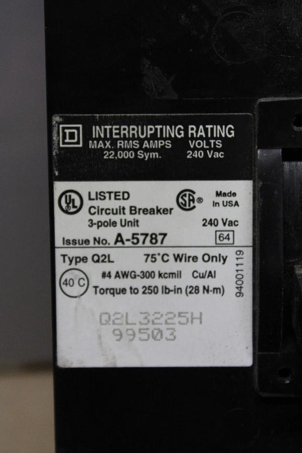 Used SQUARE D CIRCUIT BREAKER Q2L3225H 3-POLE 240 VAC 225 AMP **WARRANTY**