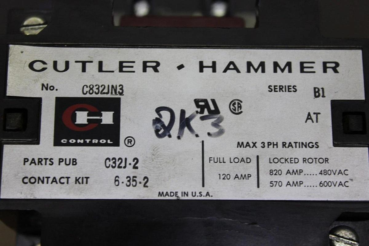 Used 120 AMP CUTLER HAMMER CONTACTOR C832JN3 600 VAC 3 PHASE COIL: 120V **WARRANTY**