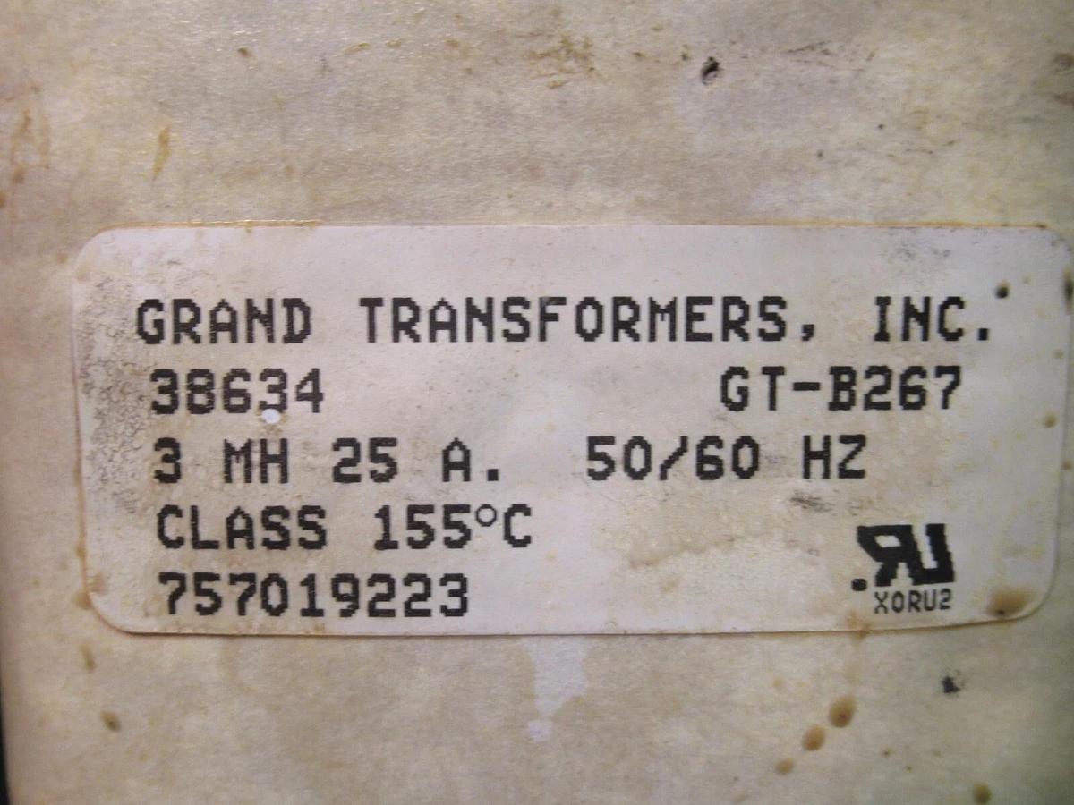 Used GRAND TRANSFORMERS INC 38634 / GT-B267 REACTOR 3.0 mH 25 AMP CLASS 155C 50/60 HZ
