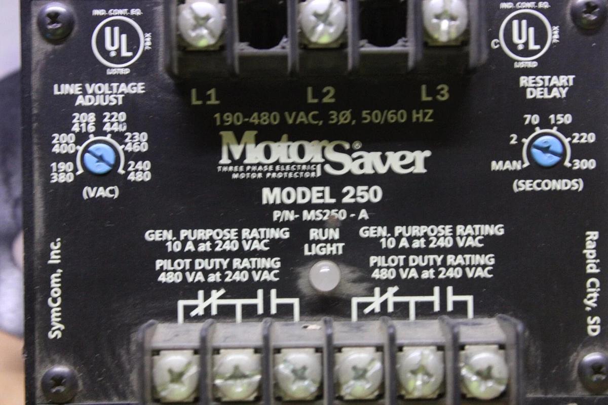 Used SYMCOM MOTOR SAVER 3-PHASE ELECTRIC MOTOR PROTECTOR MS250-A 10 AMP 240 VAC