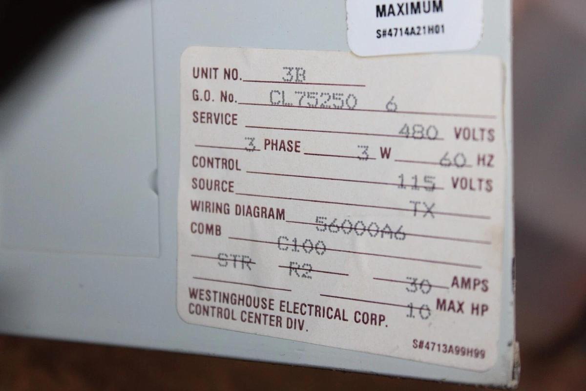 Used WESTINGHOUSE MCC MOTOR CONTROL BUCKET FREEDOM 2100 12" SIZE 1 CL75250