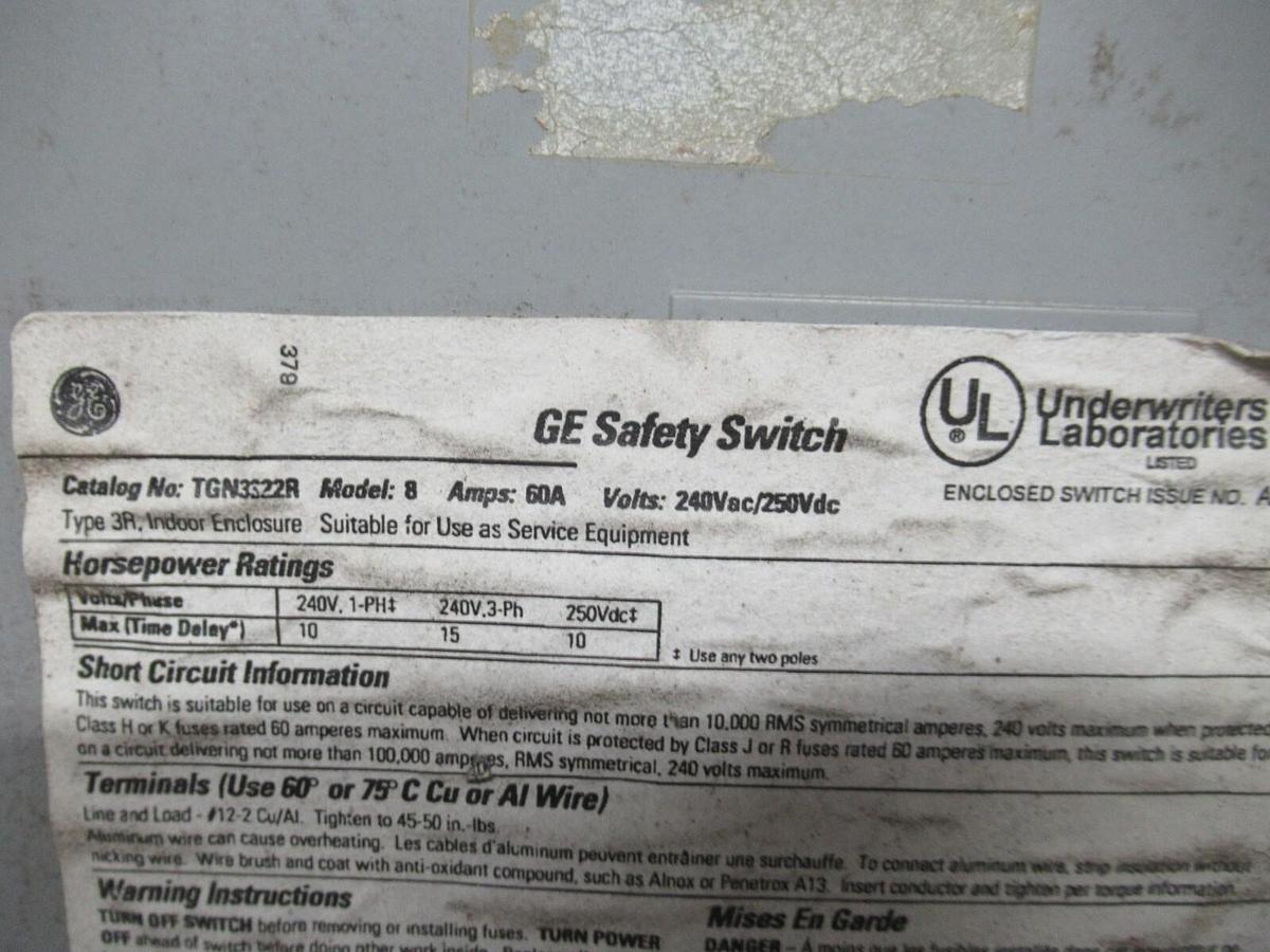 Used GE ENCLOSED INDOOR SAFETY SWITCH TGN3322R MODEL: 8 60 AMP 240 VAC 3R ENCLOSURE