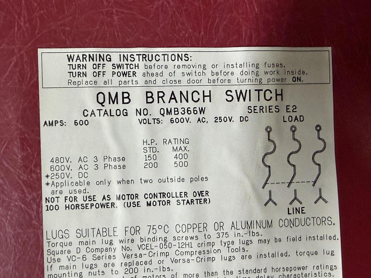 Used SQUARE D QMB BRANCH SWITCH QMB365W 400 AMP 600 VAC 3-POLE