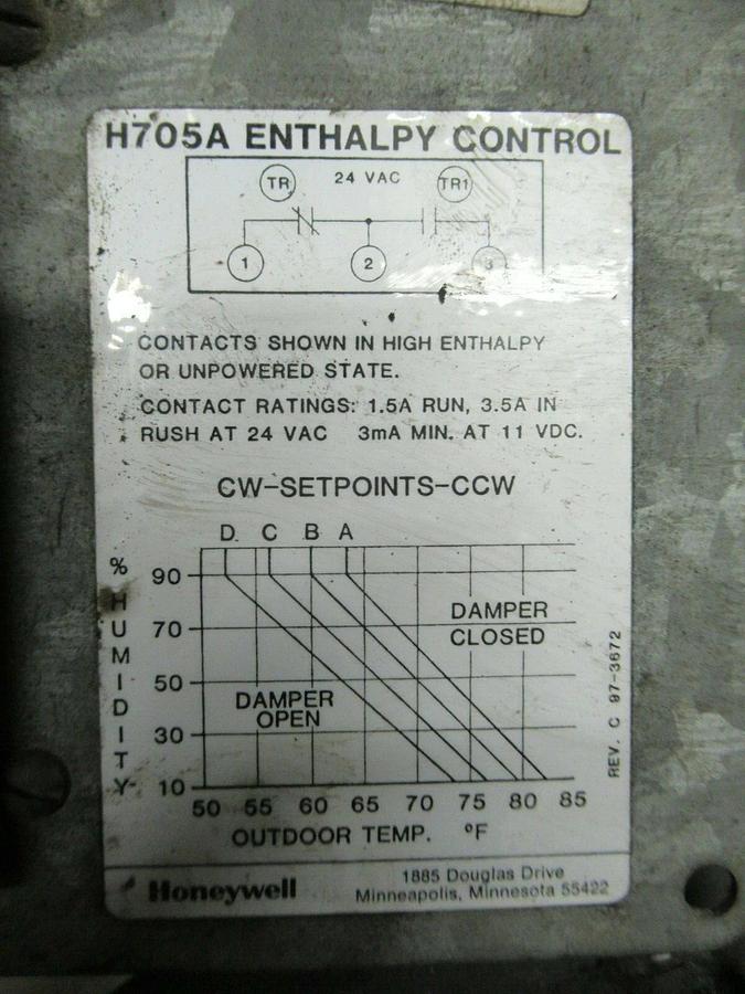 Used HONEYWELL ENTHALPY CONTROL H705A1029-1 3.5 AMP 24 VAC