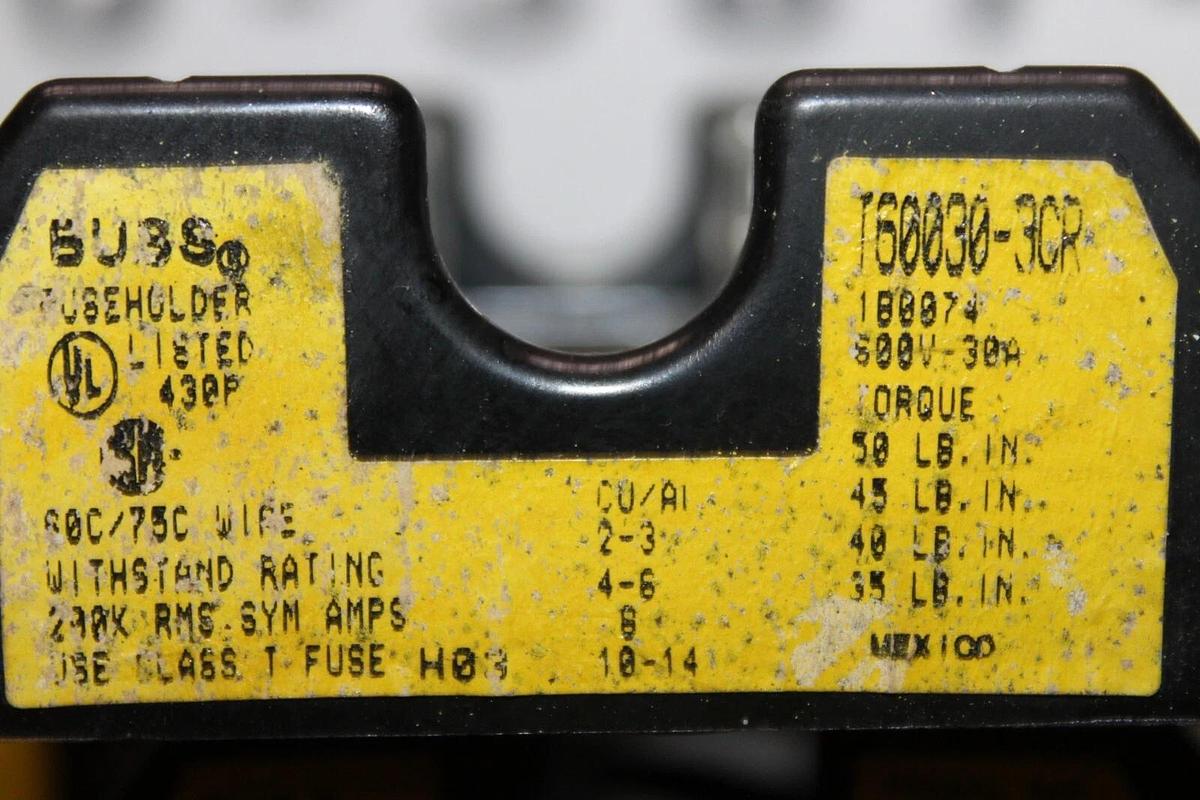 Used BUSS FUSE BLOCK HOLDER T60030-3CR 600 VAC 30 AMP 3-POLE **WARRANTY**
