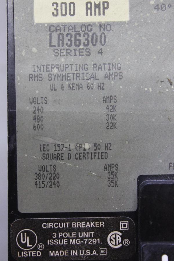 Used SQUARE D I-LINE CIRCUIT BREAKER LA36300 300 AMP 600 VAC 3-POLE