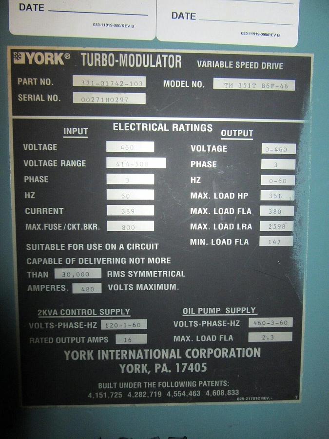 Used YORK / JOHNSON CONTROLS 351 HP VSD 371-017420-103 MO# TM351T B6F-46 390 A DRIVE