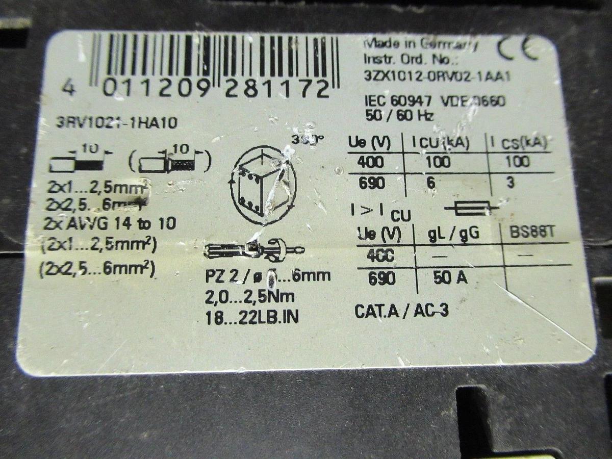 Used SIEMENS MANUAL MOTOR START 3RV1021-4HA10 600V 7.5HP 8A **WARRANTY INCLUDED**