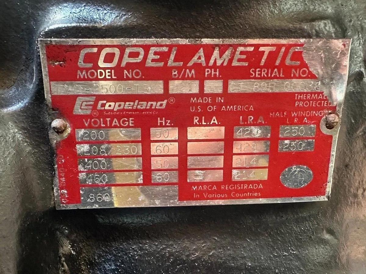 Used COPELAND SEMI-HERMETIC REFRIGERANT COMPRESSOR MODEL 4DH1-2500-TSK 208/230-460 V
