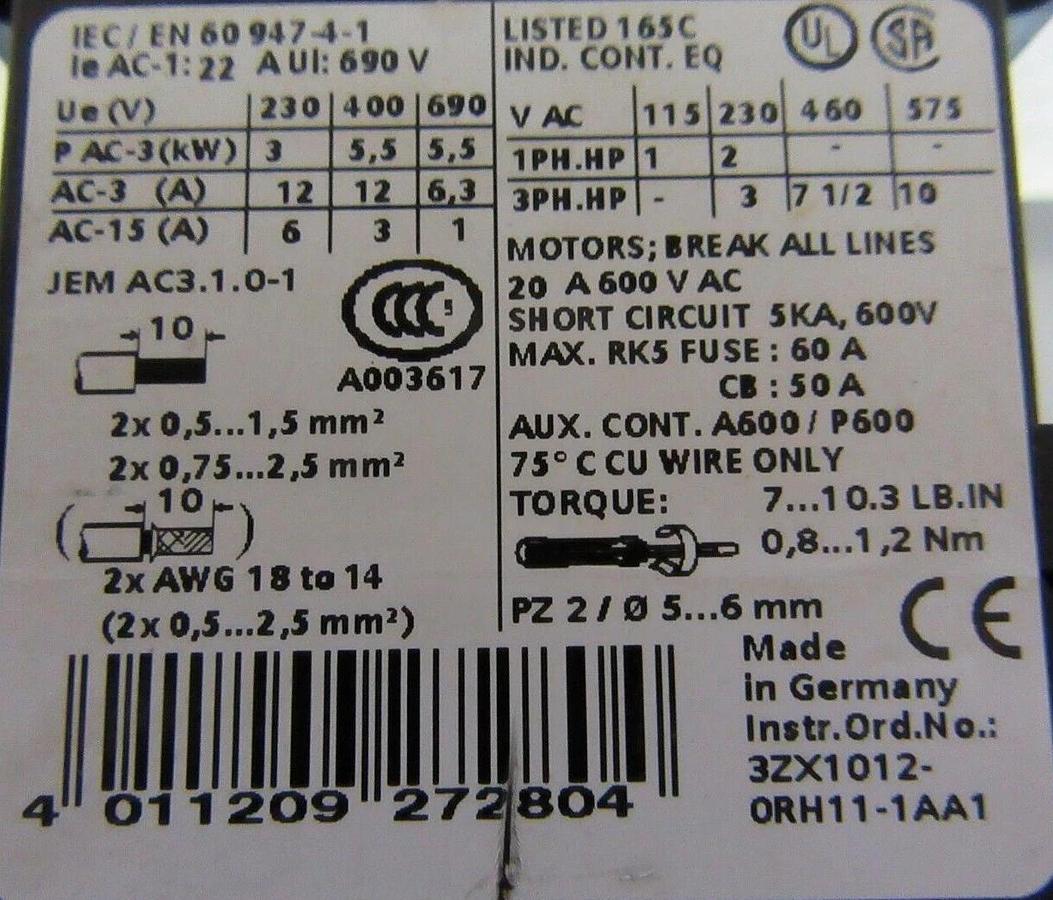 Used SIEMENS CONTACTOR 3RT1017-1AB01 600 VAC 20 AMP 10 HP **WARRANTY INCLUDED**