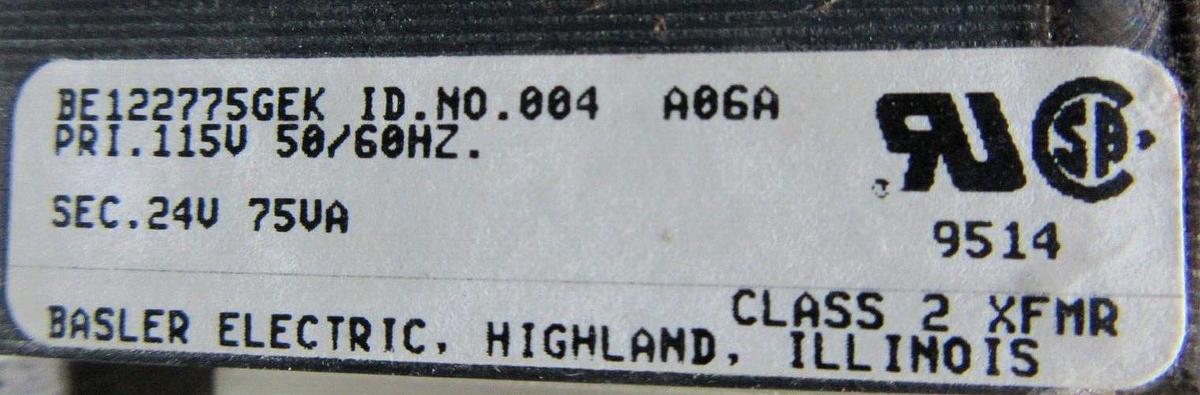 Used BASLER ELECTRIC TRANSFORMER BE122775GEK PRI: 115 VOLT SEC: 24 VOLT 75 VA