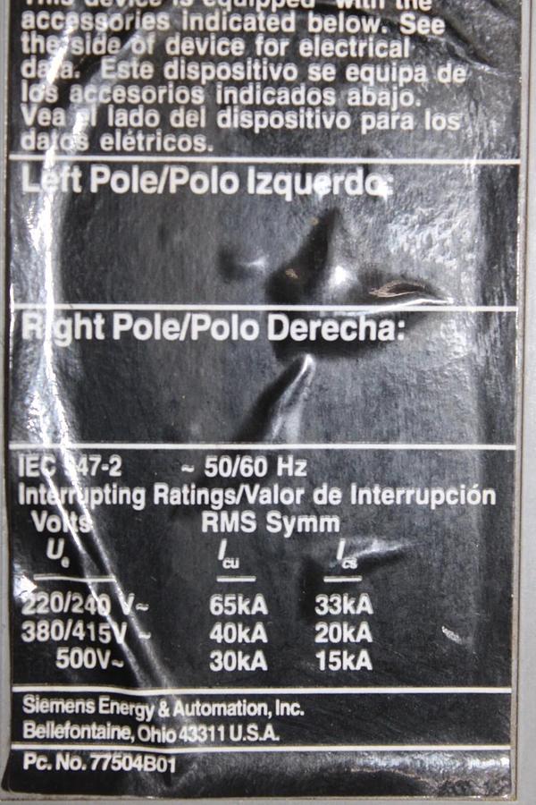 Used SIEMENS SENTRON CIRCUIT BREAKER JXD3B300H 300 AMP 600 VAC 3-POLE JXD6-A