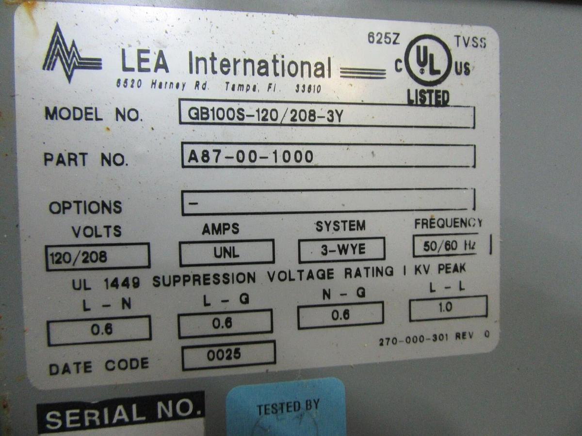 Used LEA INTERNATIONAL SURGE PROTECTOR GB100S-120/208-3Y 120/208 VOLT A87-00-1000