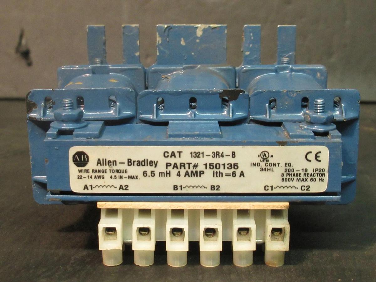 Used ALLEN BRADLEY 3 PHASE REACTOR CAT# 1321-3R4-B P/N: 150135 6.5 mH 4 A 600 V MAX