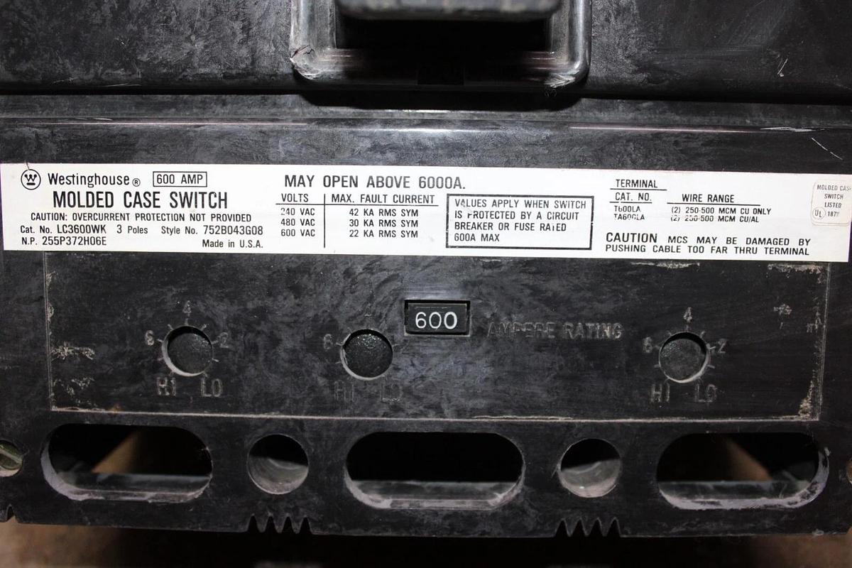 Used WESTINGHOUSE MOLDED CASE SWITCH LC3600WK 600 AMP 3-POLE 600 VAC