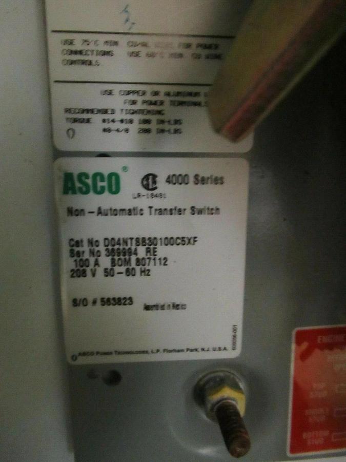 Used ASCO NON-AUTOMATIC TRANSFER SWITCH 4000 SERIES NEMA 3R 100 AMP 208 VOLTS 3 PHASE
