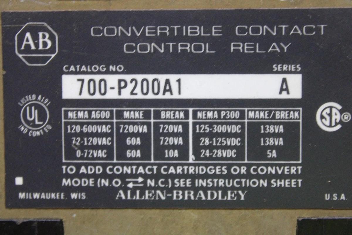 Used ALLEN BRADLEY DIRECT DRIVE RELAY 700-P200A1 600 VAC 10 AMP COIL: 120V