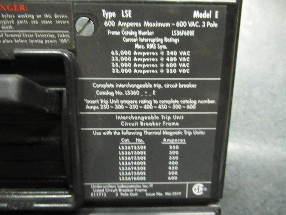 Used CUTLER HAMMER BREAKER LS36F600E 3-POLE 600A 600VAC 250VDC W/ SHUNT TRIP AND LUGS