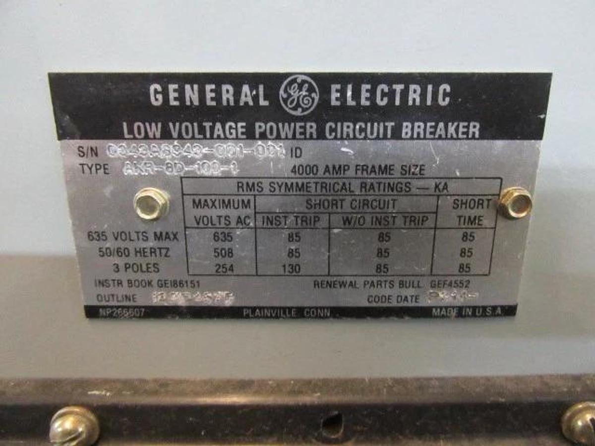Used GE AKR 4000 AMP BREAKER AKR-8D-100 MICRO VERSA TRIP A440LSGMR 4000A GROUND LSG