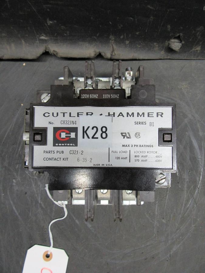 Used CUTLER HAMMER CONTACTOR C832JN4 120 AMP 480/600 V SERIES B1 120 VAC COIL NO LUGS