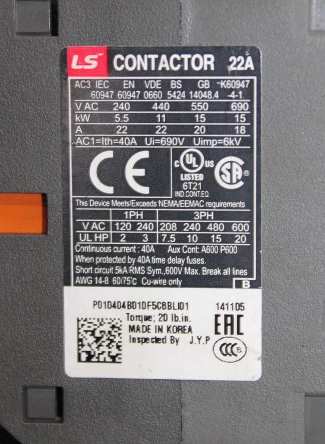 Used LS METASOL CONTACTOR MC-22B 600 VAC 40 AMP 3-POLE 20 HP COIL: 120 V