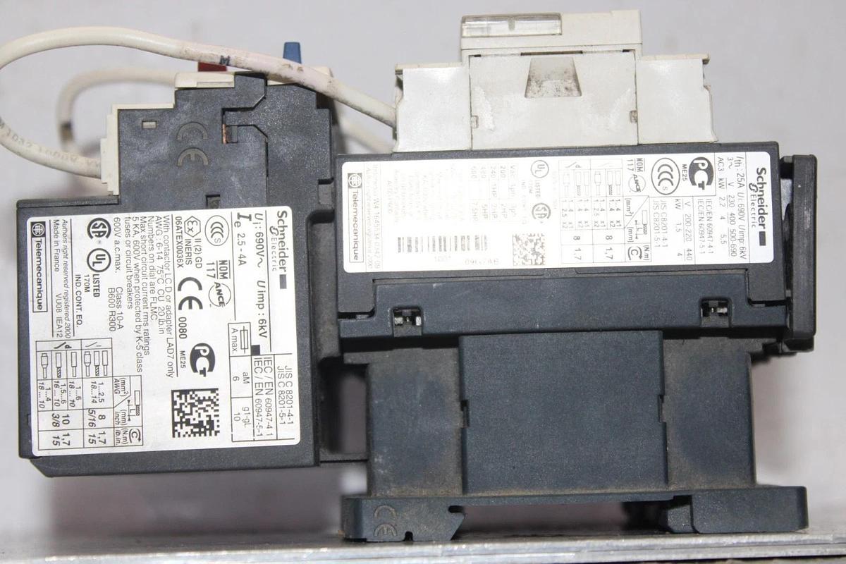 Used SCHNEIDER REVERSING STARTER LC1D09 600V 25A 7.5HP 3-PHASE 3-POLE W/ LRD08