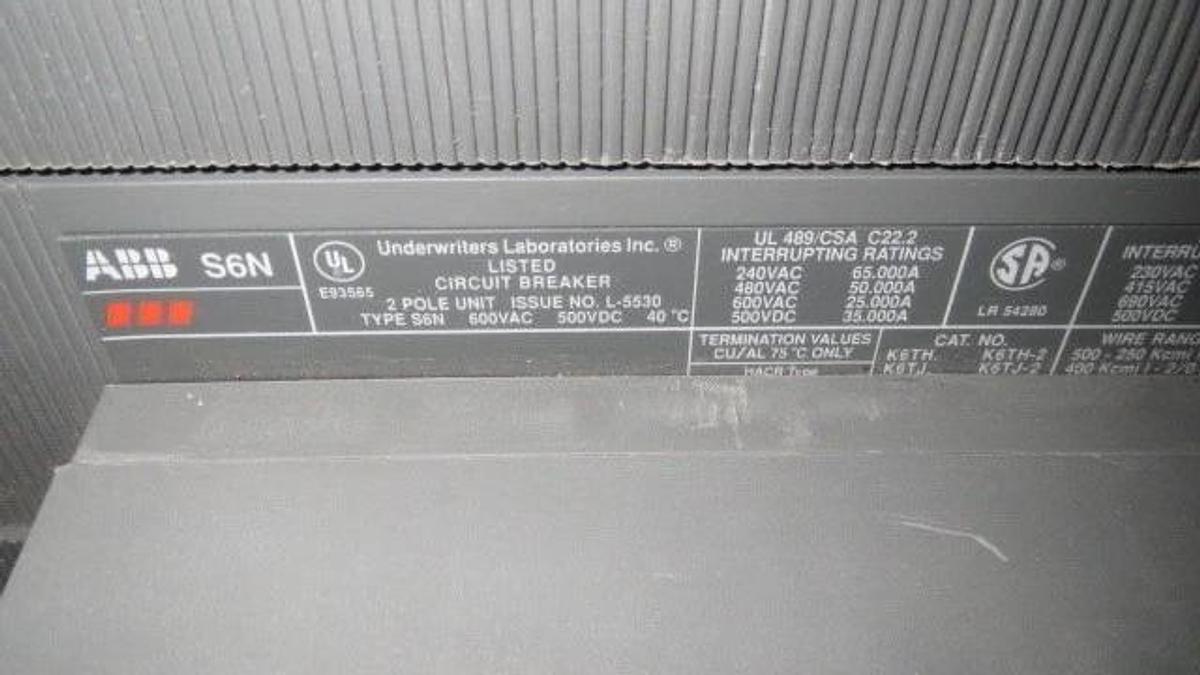 Used ABB D/C BREAKER SACE S6 600 AMP, 600 VAC 500 VDC W/ 600 AMP TRIP, 2 POLE