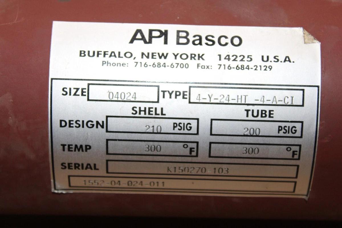 Used API BASCO HEAT EXCHANGER 4-Y-24-HT-4-AC-CI 300°F 210 PSIG **WARRANTY INCLUDED**