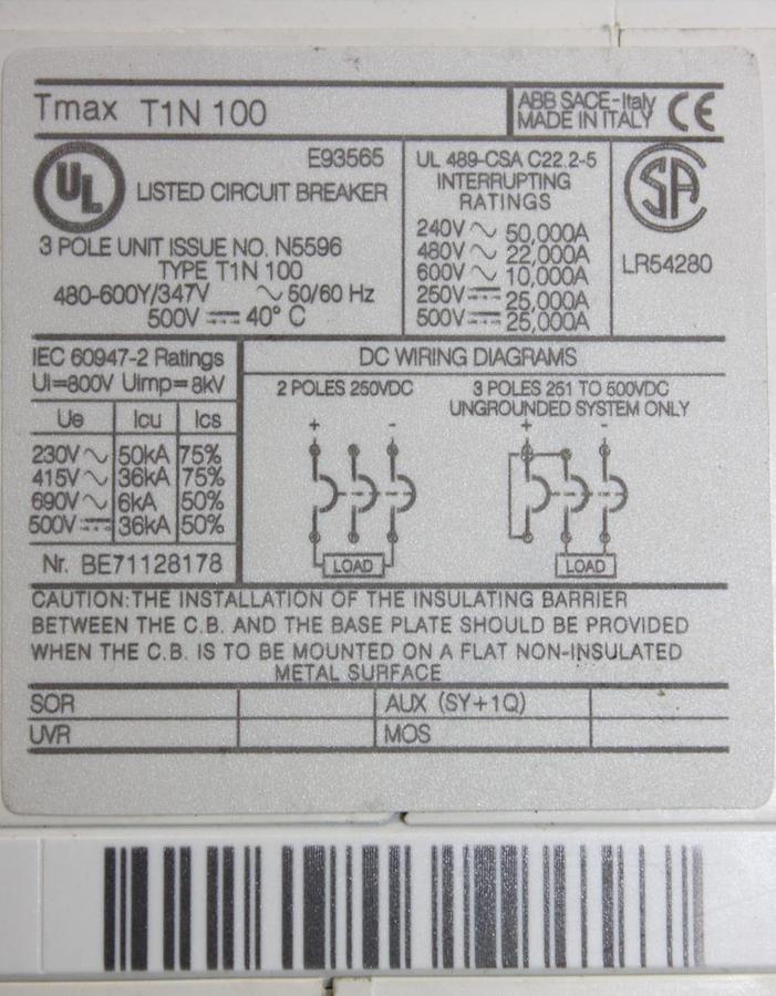 Used ABB CIRCUIT BREAKER T1N100 TMAX 80 AMP 600 VAC 3-POLE **WARRANTY INCLUDED**