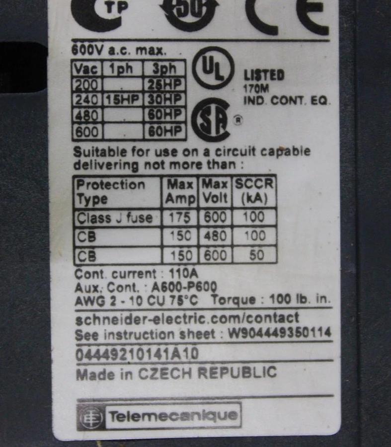 Used SCHNEIDER CONTACTOR LC1D80 110 AMP 600 VAC 60 HP 3-PHASE 3-POLE COIL: 110 VOLT