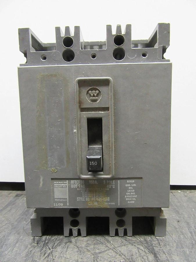 Used WESTINGHOUSE 3-POLE CIRCUIT BREAKER HFB3150 150 AMP 600 VAC 4976D04G46